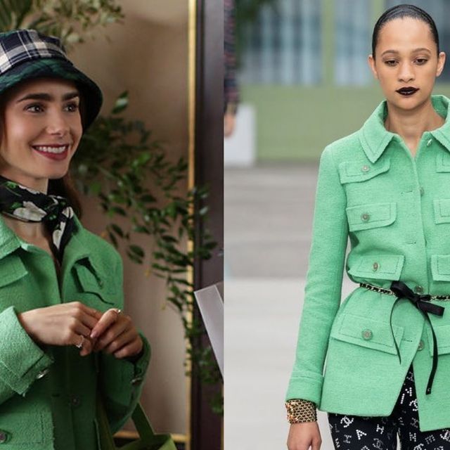 Emily in Paris Outfits on Instagram: "October 2nd, 2020: @lilyjcollins as Emily Cooper in @emilyinparis Season 1, Episode 5 ‘Faux Amis’ 💚

Emily is wearing:

Jacket: @chanelofficial Green cotton tweed jacket
Price: $6,195.00 USD

Hat: @kangol Plaid on Plaid Bucket Hat
Price: $44.95 USD

Skirt: @brandymelvilleusa Cara Skirt 
Price: $47.00 USD 

Bag: @staud.clothing Mini Bissett Bag in Green 
Price: $325.00 USD

Shoes: @louboutinworld So Kate Collage Patent Red Booties 
Price: $1,095.00 USD

📸 All images belong to their respective owners

#emilyinparis #emilyinparisoutfits #lilycollins #chanel #brandymelville #kangol #staud #christianlouboutin" Emilyinparis Outfits, Wearing Jacket, Cara Skirt, Emily Cooper, Emily In Paris Outfits, Plaid Bucket Hat, Red Booties, So Kate, Emily In Paris