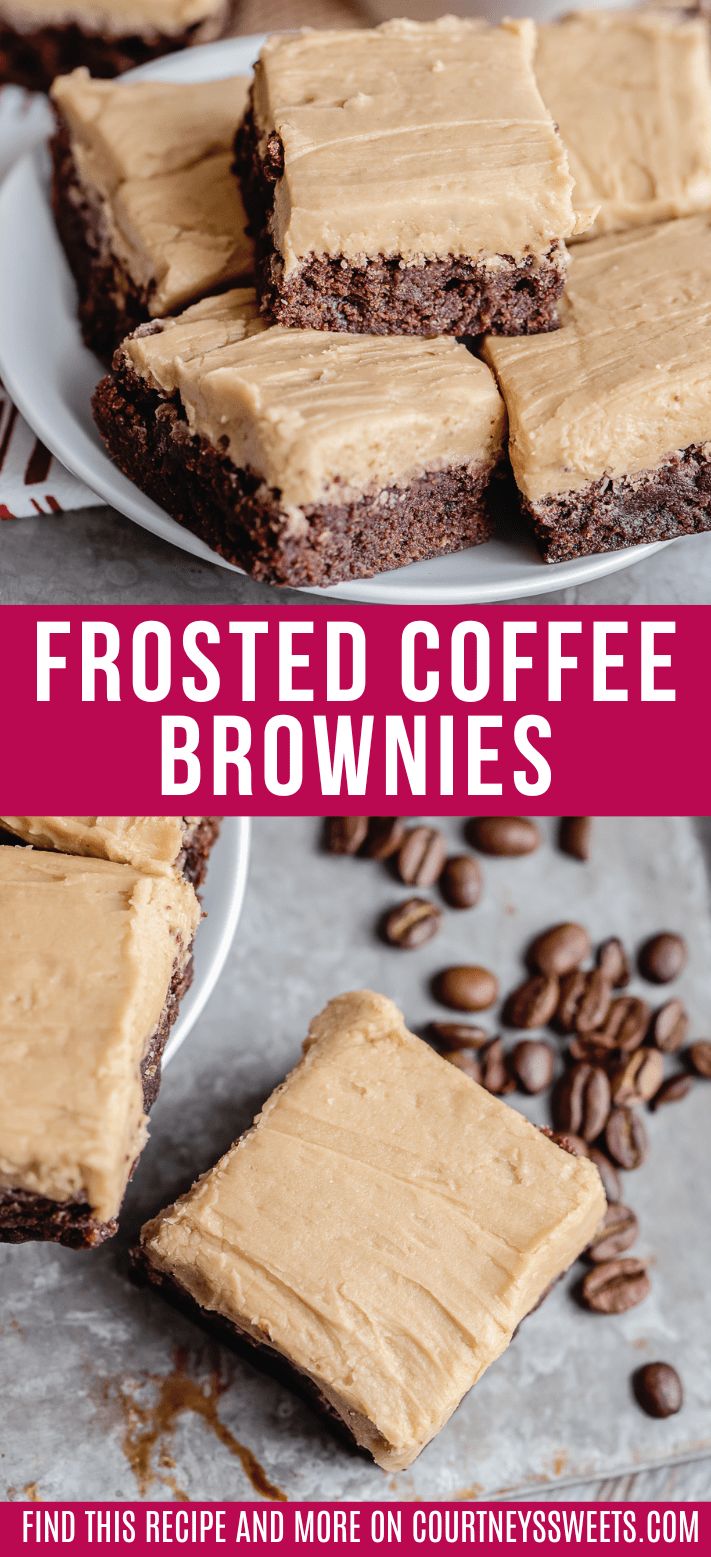 frosted coffee brownies on a white plate with coffee beans and pink text overlay that reads frosted coffee brownies