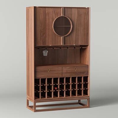 a wooden cabinet with wine bottles in it