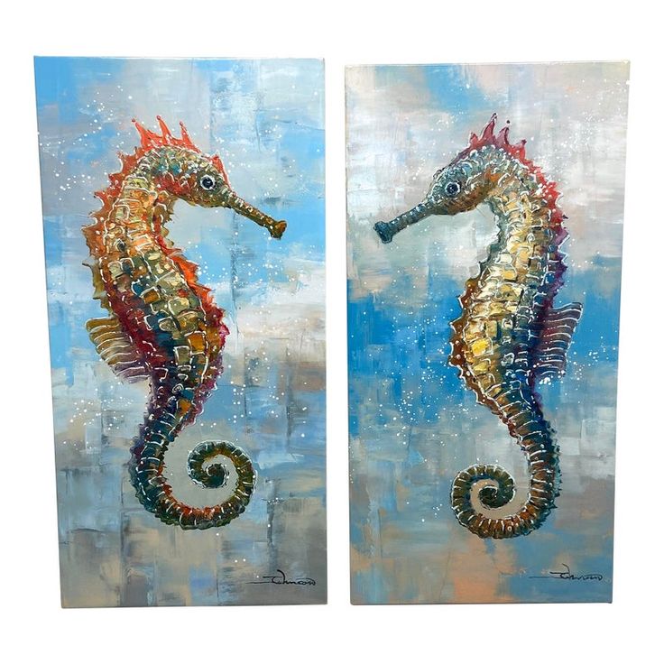 two paintings of seahorses are on display