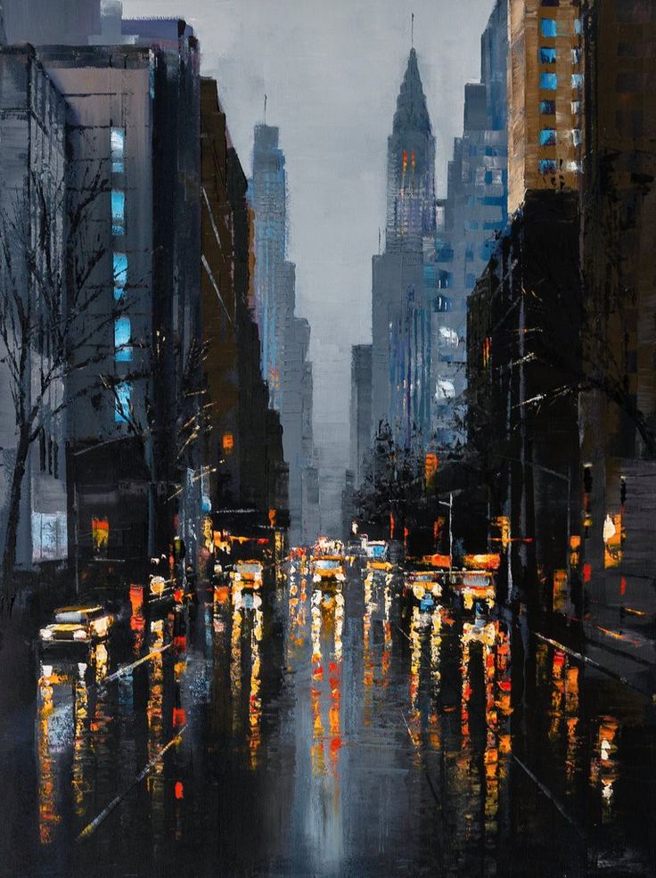 an oil painting of a city street at night