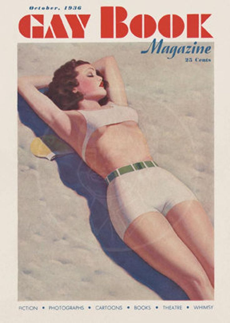 an advertisement for gay book magazine featuring a woman laying on the beach with her arms behind her head