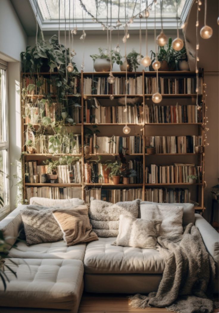 a living room filled with lots of furniture and bookshelves next to a window