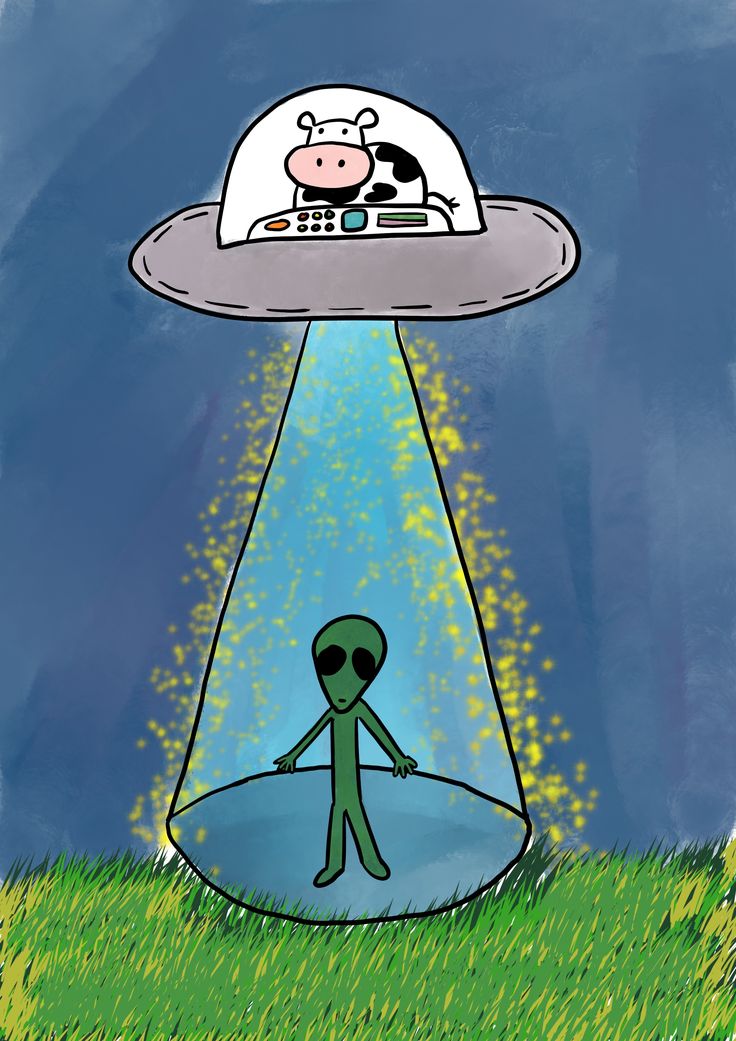 an alien under a flying saucer with a cow on it's head in the grass