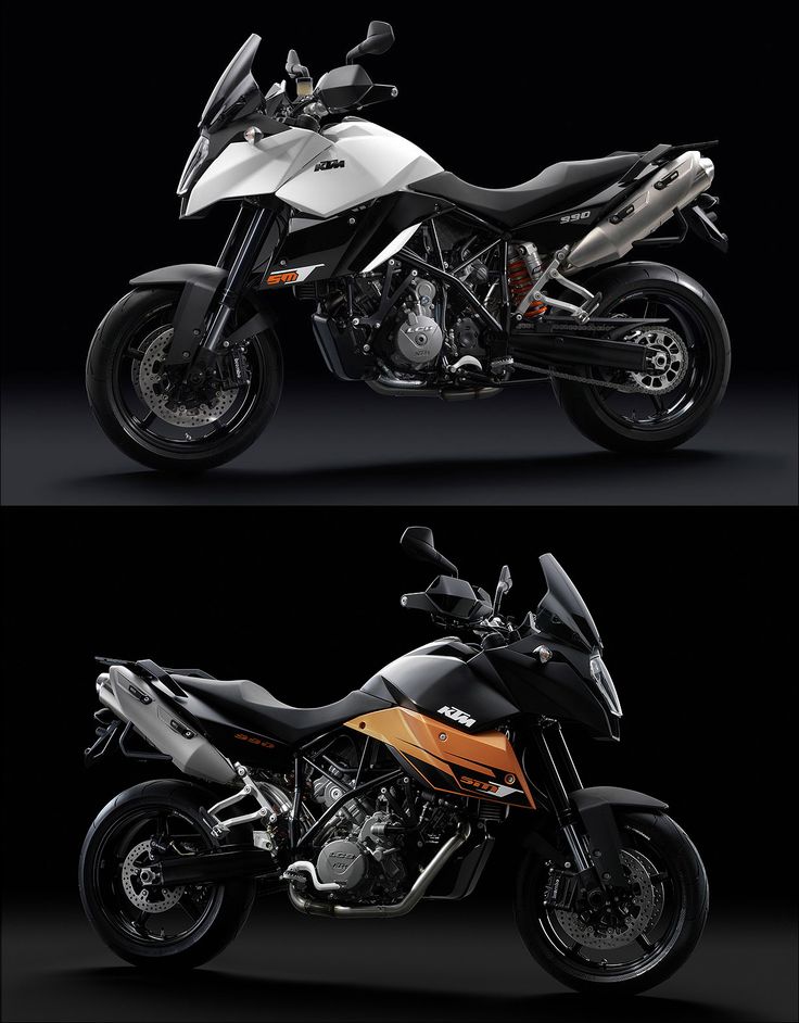 two motorcycles side by side on a black background and one in white, the other orange