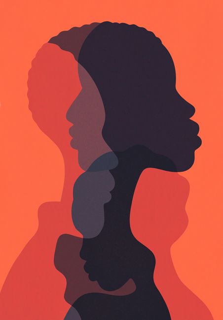 two silhouettes of people against an orange and pink background, one is holding the other's head