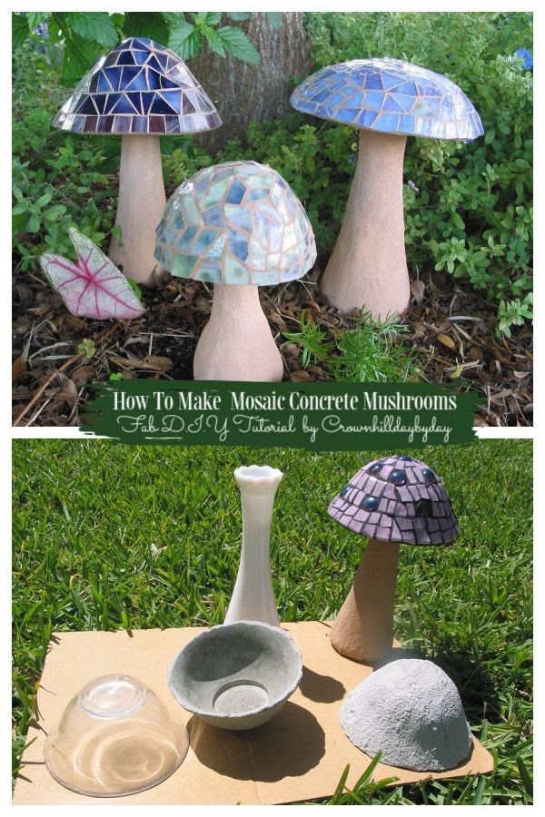 three different colored mushrooms sitting on top of a wooden board in the grass with text overlay that says how to make mosaic concrete mushrooms