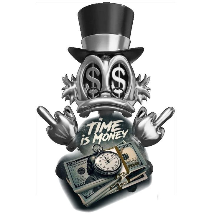 a clock, watch and money with the words time is money written on it's face