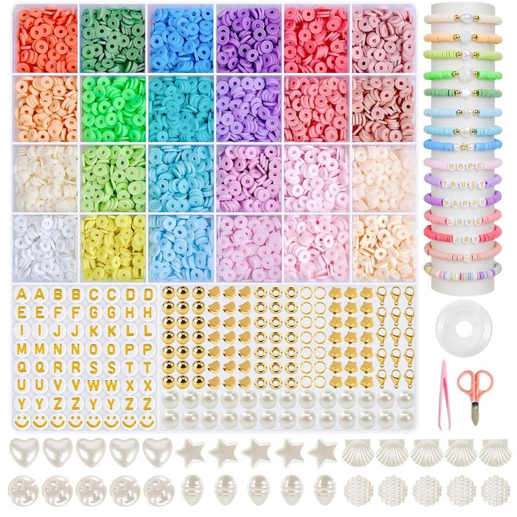 the kit includes plastic beads, scissors and other crafting supplies for making bracelets