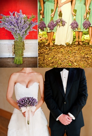 four different pictures of brides and grooms with purple flowers in their bouquets