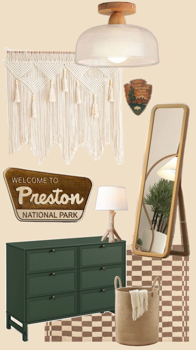 an assortment of furniture and decor including a dresser, mirror, lamp, and sign