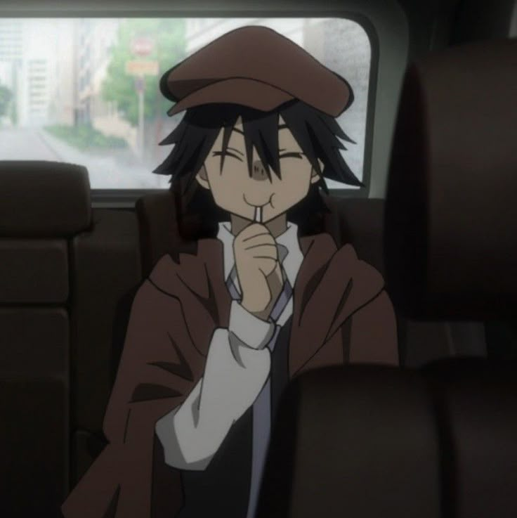 an anime character sitting in the back seat of a car with his hand under his chin