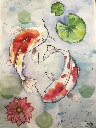 watercolor painting of two koi fish and lily pads