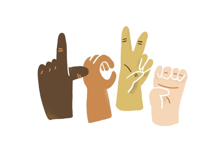 three different colored hands making the peace sign