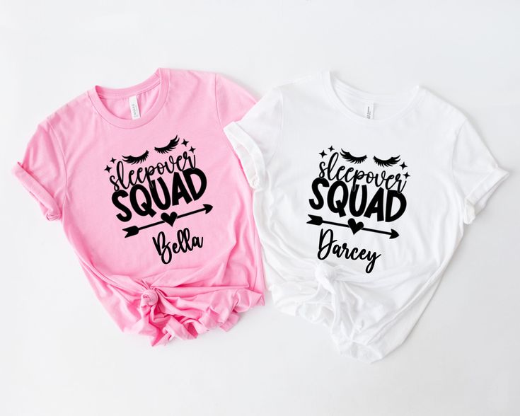 Our personalised sleepover squad t-shirts are the perfect accessory for your pamper party or sleepover! The cotton t-shirts are available in 6 different colours and sizes 3-4 to 14-15 (please see the size chart in the listing photos). Each t-shirt features the sleepover squad design and is personalised with a name! ❤️How to order❤️ Pick your t-shirt colour from the drop down menu Pick your t-shirt size from the drop down menu Add the names to the add personalisation field Place your order! Pleas White Crew Neck T-shirt For Sleepover, Birthday Squad Pajamas, Crew Neck T-shirt For Summer Sleepovers, Cute Graphic Print T-shirt For Sleepover, Playful Cotton T-shirt For Sleepovers, Sleepover Squad, Slumber Party Favors, The Sleepover, Shirt Colour