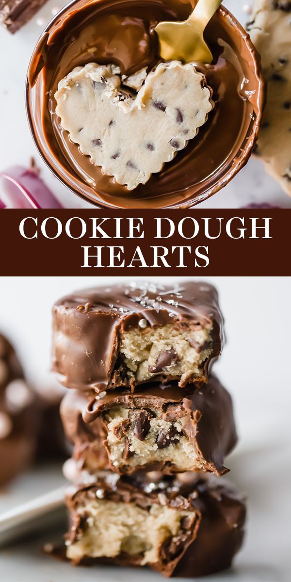 chocolate dipped doughnuts stacked on top of each other with the words cookie dough hearts above them