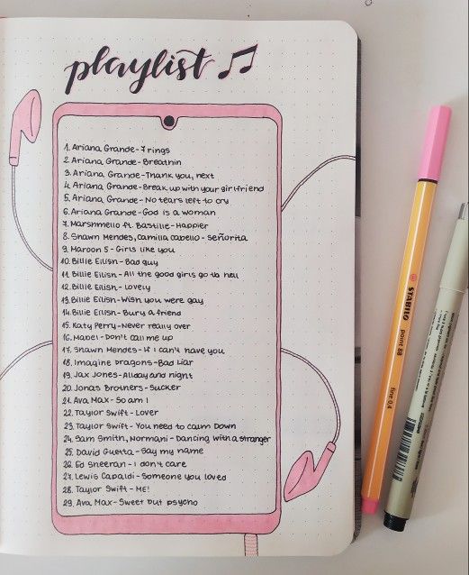 Music Bullet Journal, Headphones Pink, Playlist Songs, Journal Inspiration Writing, Bullet Journal Ideas Templates, Music Journal, Creating A Bullet Journal, Bullet Journal Mood Tracker Ideas, Bullet Journal Paper