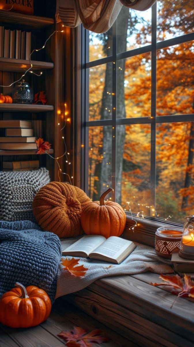 an open book sitting on top of a window sill next to pumpkins and candles