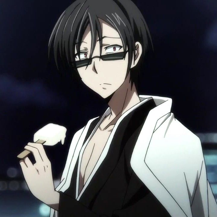 an anime character with glasses holding a piece of food in his hand and looking at the camera