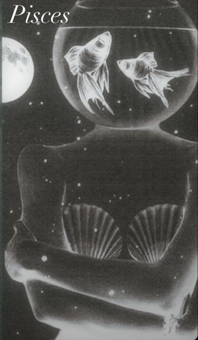 a black and white photo of two fish in a bowl with the caption pisces