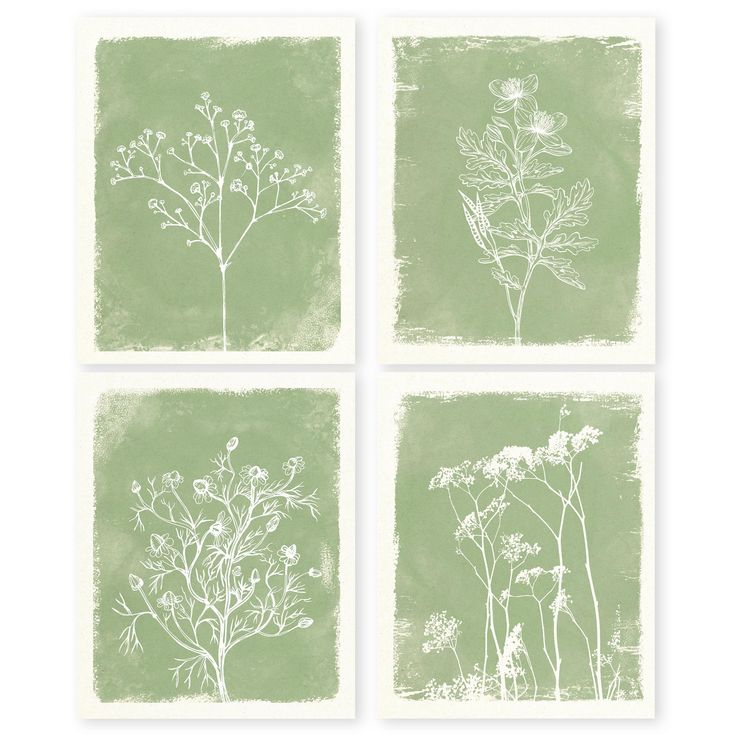 four green and white prints with flowers in the middle, on a light green background