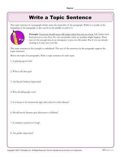 a topic sentence worksheet for students to help them understand what is in the text