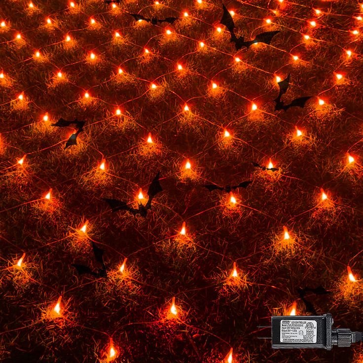 many candles are lit up in the shape of bats on a field with grass and barbed wire