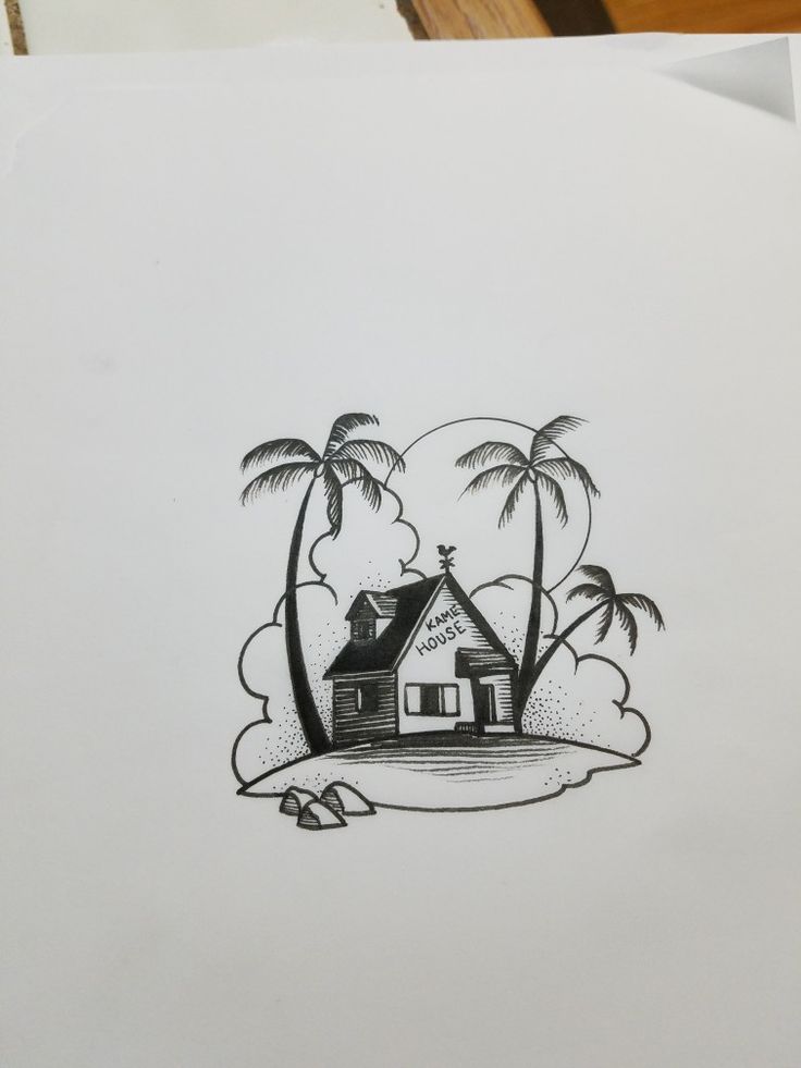 a drawing of a house and palm trees