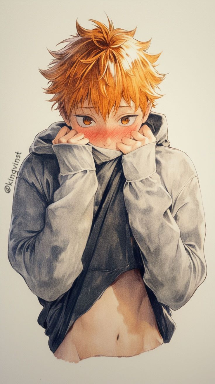 a drawing of a boy with orange hair covering his face