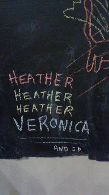 a chalk board with writing on it that says, healther heather veronica and 3d