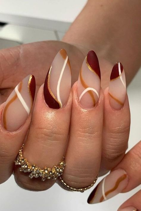 Almond Nails Designs Thanksgiving, Thanksgiving Nail Inspiration, Pretty Thanksgiving Nails, Cute November Nails Acrylic, Matte Nails Design Ideas Fall, Thanksgiving Nails Acrylic Almond, Thanksgiving Almond Nails Ideas, Classy Thanksgiving Nails, Classy November Nails