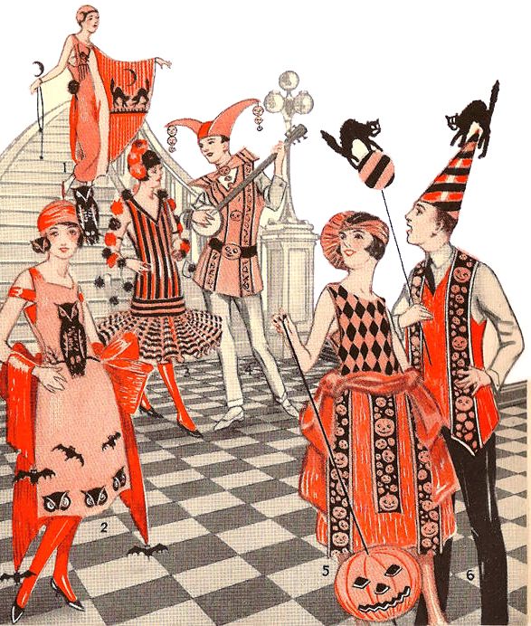 an illustration of people dressed up in costumes and hats, standing on a checkered floor