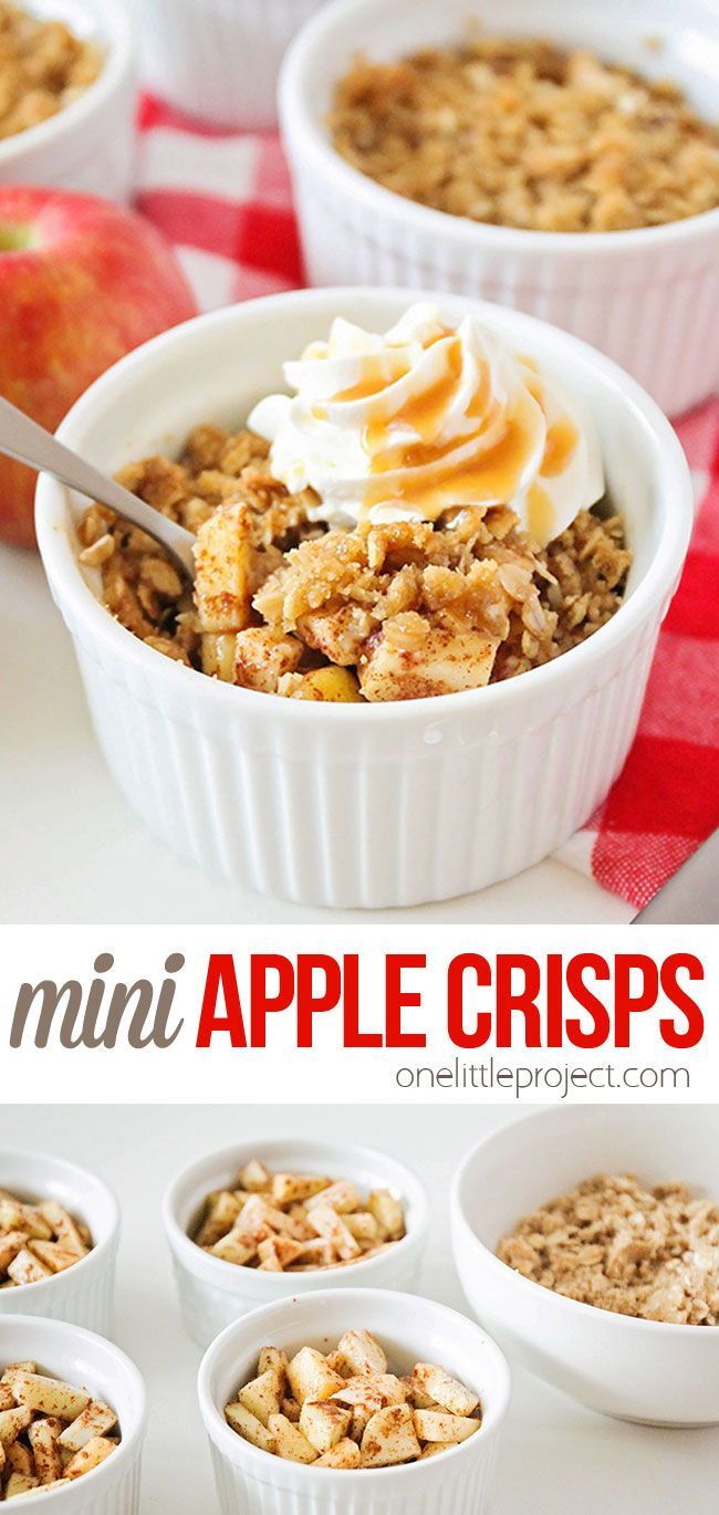 mini apple crispes in white bowls with apples and cinnamon on the side, topped with whipped cream