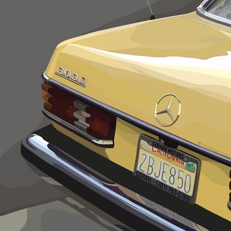 the back end of an old yellow mercedes benz car with chrome rims and license plates