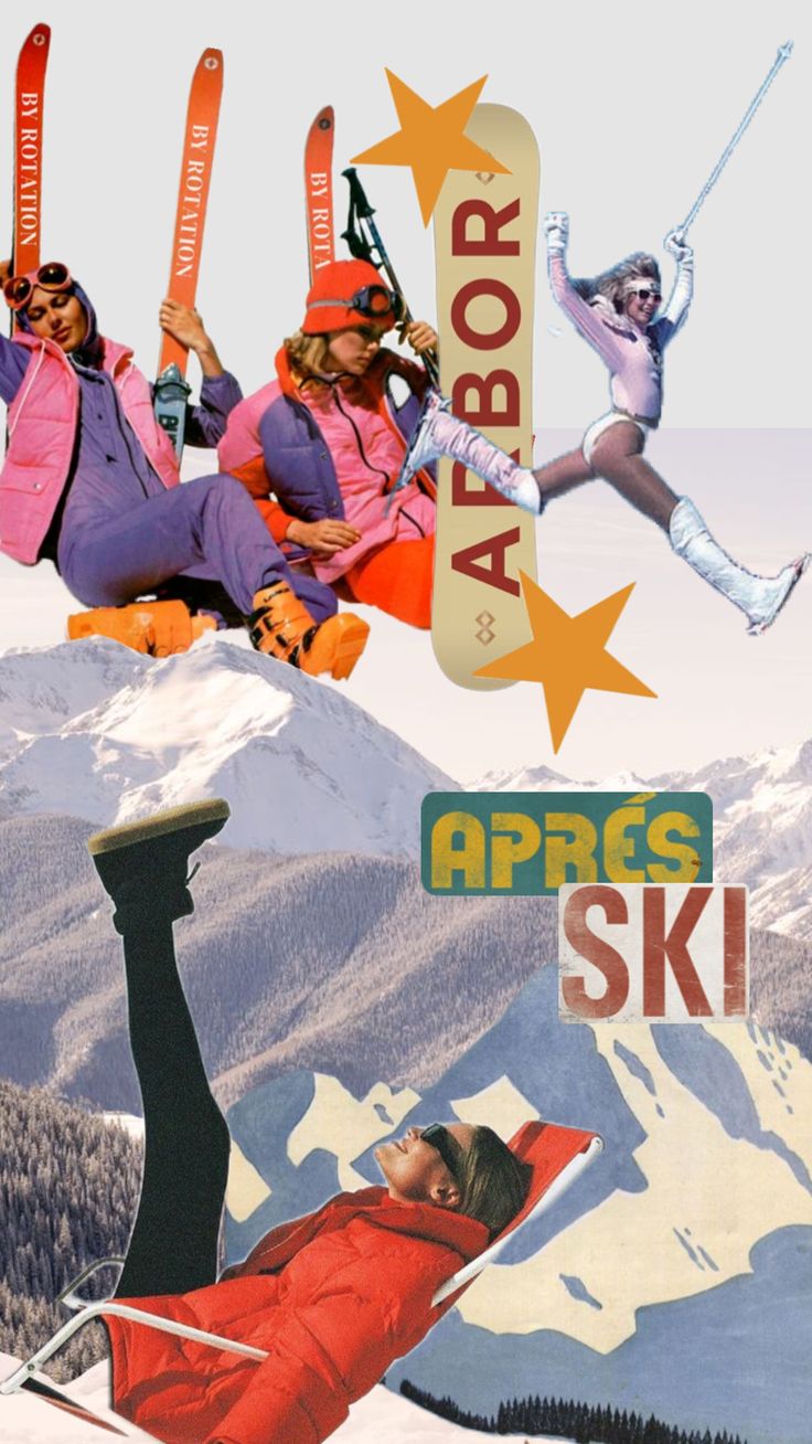 an advertisement for the apres ski competition with skiers in pink and orange outfits