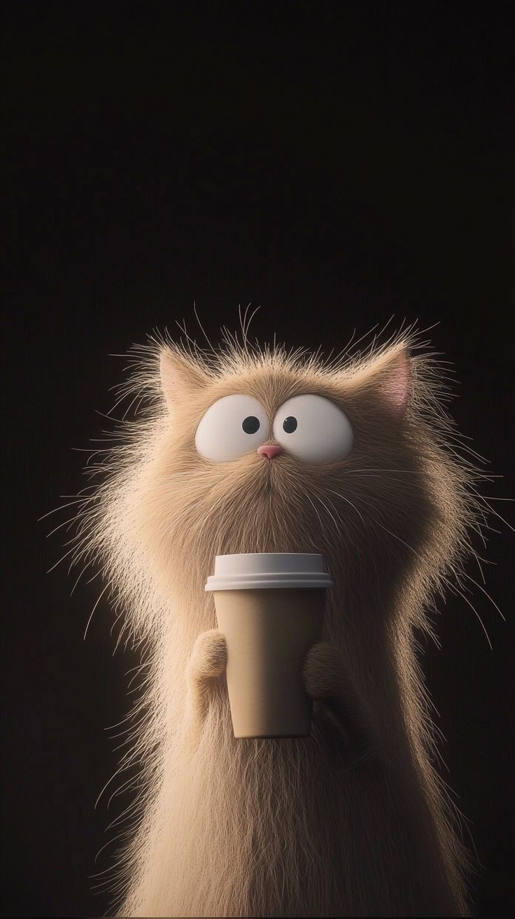 a cat with big eyes holding a coffee cup