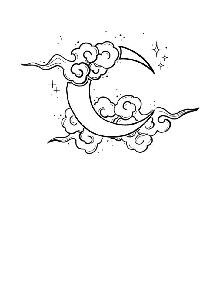 a drawing of the moon with clouds and stars