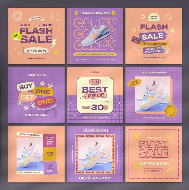 an advertisement for shoes is shown in purple and orange colors, with the words best price up to 50 % off