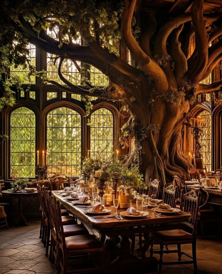 the dining room is set up in front of an enormous tree