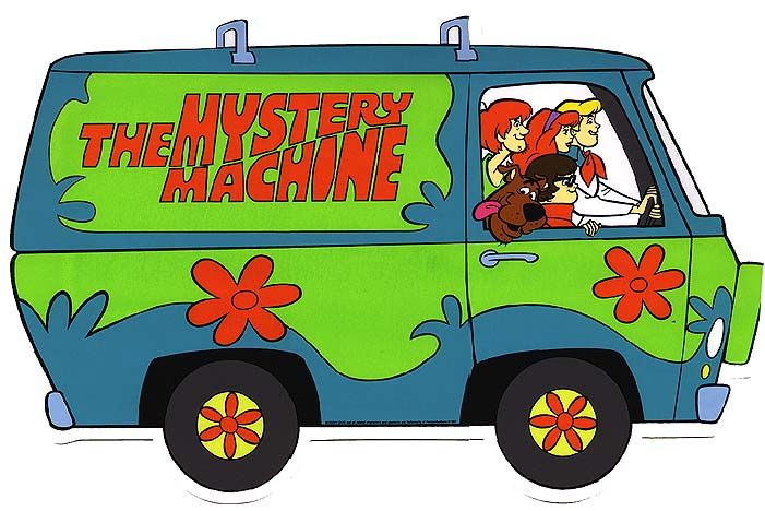 the mystery machine van is painted green and blue with cartoon characters on it's side