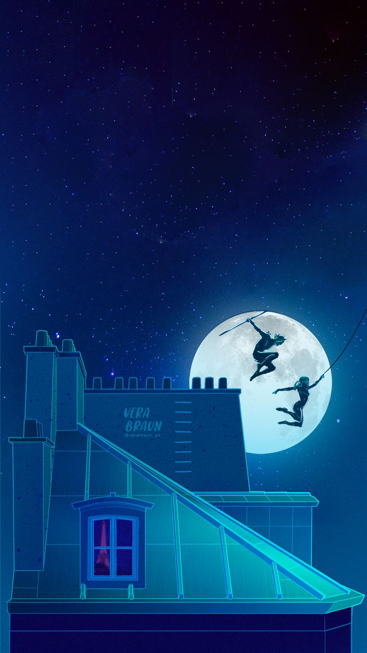 an animated image of a person flying through the air over a building with a full moon in the background