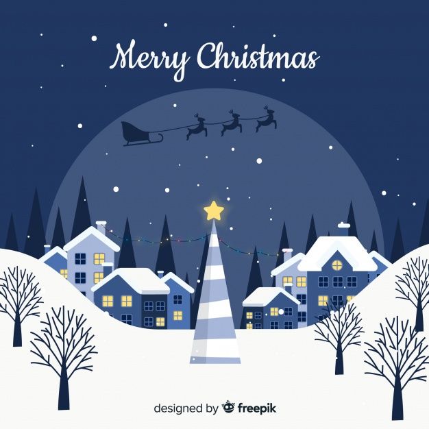 a christmas card with santa's sleigh flying in the sky over houses