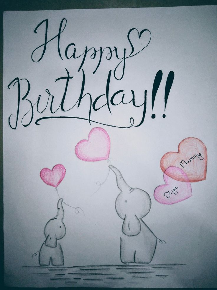 a drawing of two elephants holding hearts with the words happy birthday