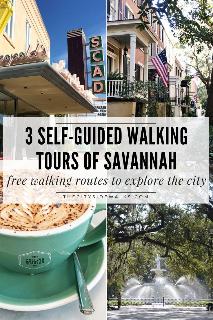 a collage of photos with the words 3 self - guided walking tours of savannah