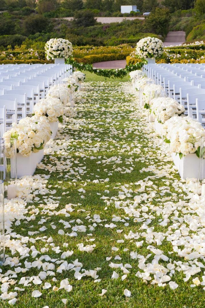 the aisle is lined with white flowers and chairs are set up for an outdoor ceremony