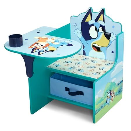 This Bluey Chair Desk with Storage Bin by Delta Children offers kids the perfect spot for snack time, crafts, playtime or homework. This smart and sturdy chair with colorful graphics of Bluey characters also features a built-in cup holder to hold markers, plus a fabric storage bin underneath for additional art supplies or toys. Perfectly sized, this durable chair and desk combo has a large work surface and low height that makes it easy for preschool kids and toddlers to get in and out on their o Fun Chair, Blue Heeler Puppies, Heeler Puppies, Kitchen Sets For Kids, Bluey And Bingo, Chair Desk, Design Desk, Desk With Storage, Toddler Chair