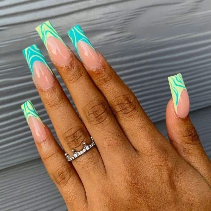 Green Swirl French Tip Nails, Blue And Green Acrylic Nails Designs, Simple Blue And Green Nails, Blue Swirl French Tip Nails, Trendy Square Nail Designs, Blue And Green Swirl Nails, Green Medium Length Nails, Nails Inspiration Medium Length, Green And Blue Acrylic Nails