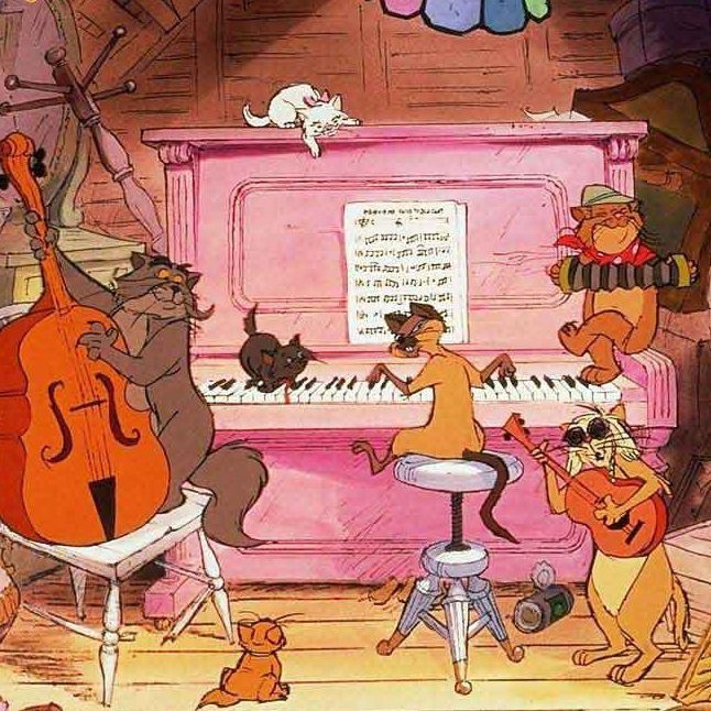 an animated musical scene with cats playing music on the piano and other animals sitting around