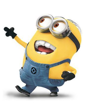 a cartoon minion in overalls and eyeglasses with one hand up to the side