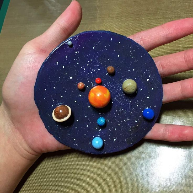 a person's hand holding a small plate with planets on it